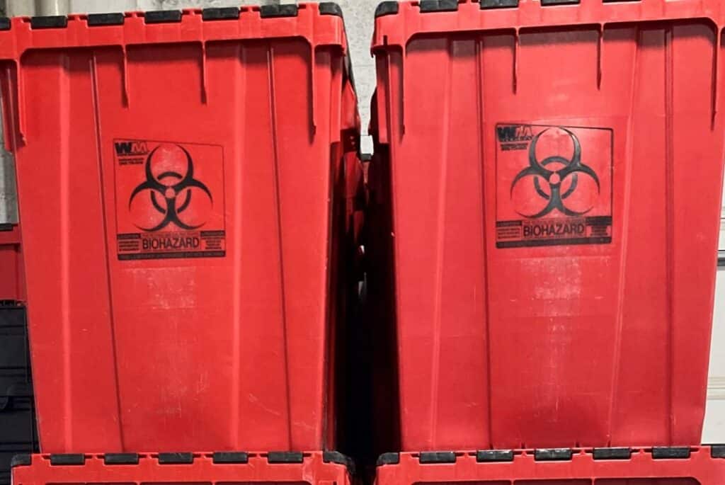 Red biohazard bins
